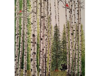 INK / OIL PAINTING - White Birch Trees, Bear & Cubs, Rustic Wooded Landscape, Black Bears Art, Forest Foliage Path, Home Decor, 11x14, 16x20