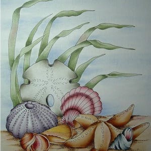 May include: A watercolor painting of seashells and sea life on a sandy beach. The painting features a purple sea urchin, a sand dollar, a pink scallop shell, a starfish, and a conch shell. The shells are surrounded by green seaweed.