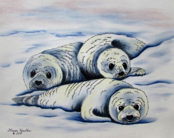 INK OIL PAINTING - Seals, Baby Seals, Alaska Wildlife, Alaska Animals, Winter Wildlife, Nature, Pups