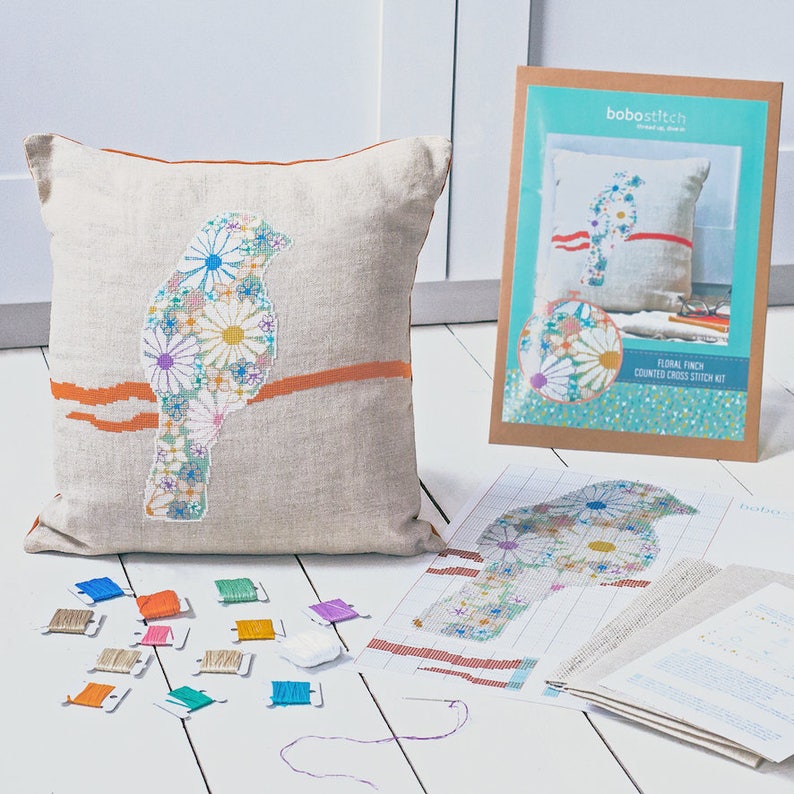 Modern Cross Stitch Kit Make Your Own Cushion Cover Kit Floral Finch