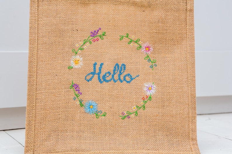 Cross stitch jute bag kit Make your own bag kit Flower bag Modern cross stitch kit