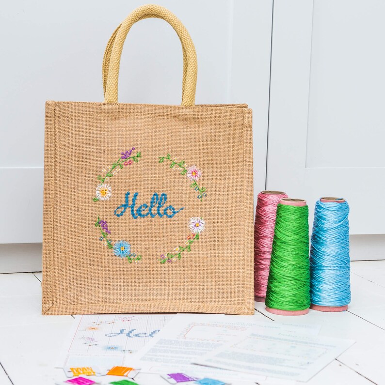 Cross stitch jute bag kit Make your own bag kit Flower bag Modern cross stitch kit