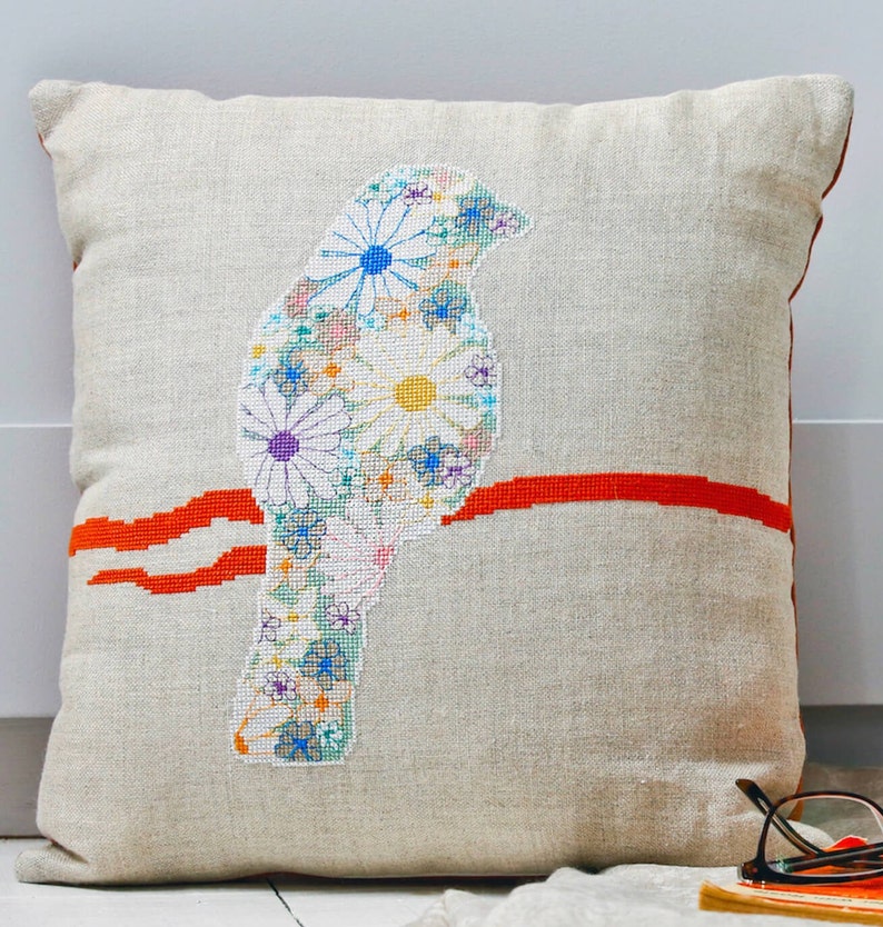 Modern Cross Stitch Kit Make Your Own Cushion Cover Kit Floral Finch