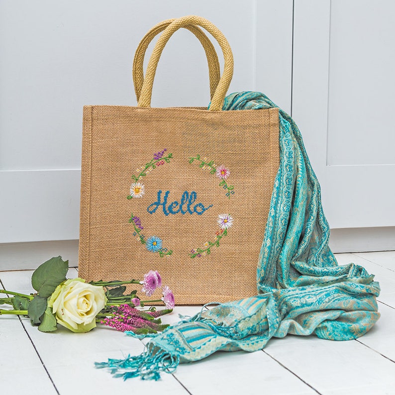 Cross stitch jute bag kit Make your own bag kit Flower bag Modern cross stitch kit