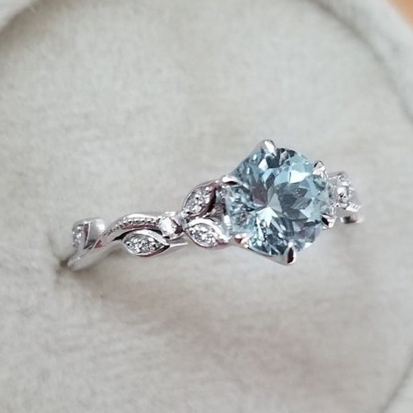 Leaf engagement ring, Aquamarine engagement ring, Floral engagement ring, anniversary ring with diamonds in 14k yellow, white, or rose gold