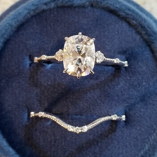 Emerald Cut Moissanite Engagement Ring Set Vintage Rose Gold | Etsy
