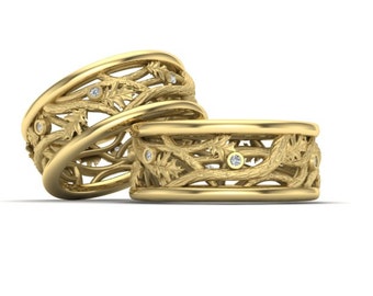 Wedding ring wedding band made with 10k solid gold and diamonds branch leaf design nature inspired