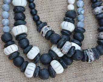 Neutral Grey and Black Statement Necklace | African Glass Trade Beads | BOHO Necklace