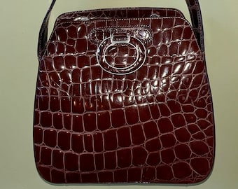 Vintage Tosca Blu Brown Patent Leather Croc Print Shoulder Handbag Made in italy