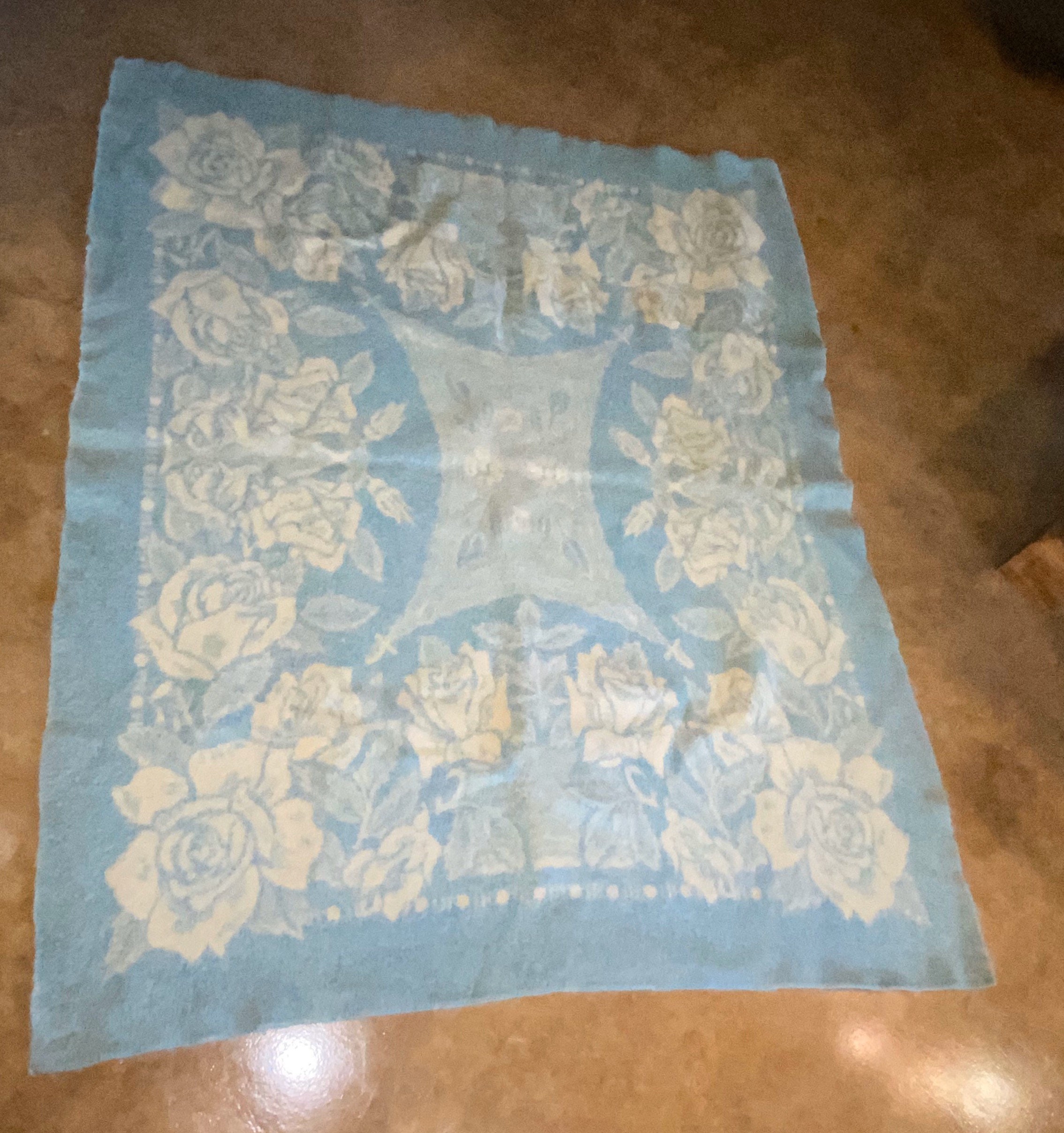 Vintage Golden Dawn Wool Blanket Ivory and Dusty Blue Roses Etsy