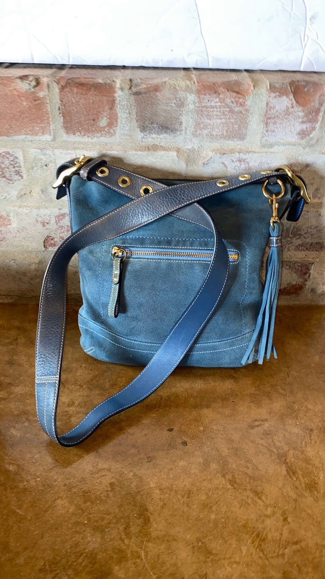 Vtg Coach Blue Suede Leather Crossbody Bag Purse Zip Top Etsy