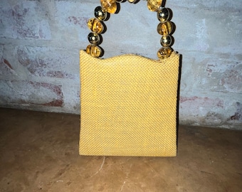 Vintage RR tote Beaded top handle golden yellow canvas handbag