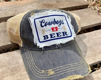 Cowboys & Beer Distressed Hat, Vintage Style Patch Baseball Cap, Trendy Country Girl Headwear