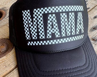 Mama Trucker Hat, Checkered Mom Hat, Black White Foam Snapback, Retro Mom Hat