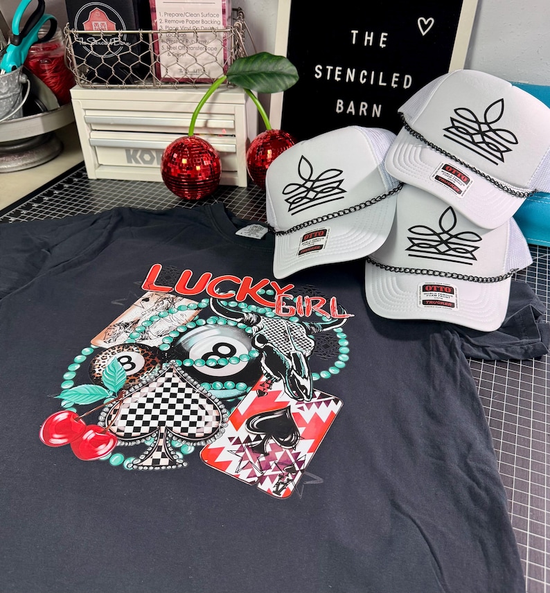 Western cowgirl boot stitch trucker hats displayed with colorful cowgirl graphic apparel