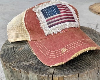 Patriotic Vintage Style Baseball Cap, Women's American Flag Hat, Distressed USA Headwear