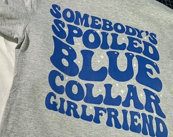 Blue Collar Girlfriend T-Shirt - Trendy Graphic Tee, Unisex Sizing, Gray with Blue Design, Crew Neck