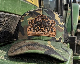 Traktormechaniker-Truckermütze, Richardson 112 Mütze mit Lederaufnäher, Geschenk für Landwirte, Mütze für Landmaschinenmechaniker, Geschenk für Traktorreparaturen