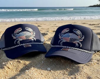 Patriotische Trucker-Mütze mit Krabbenmotiv – Patchwork-Strandmütze – Perlenkette optional
