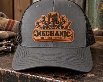 Czapka trucker dla mechanika, skórzana czapka z naszywką dla mężczyzn, prezent dla mechanika, czapka z daszkiem Richardson 112 Snapback, czapka mechanika samochodowego, prezent dla pracownika fizycznego