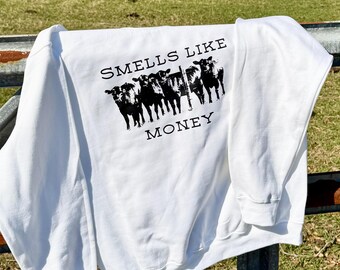 „Riecht nach Geld“-Sweatshirt | Rundhalsausschnitt für Viehzüchter | Lustiges Kuhzüchter-Shirt