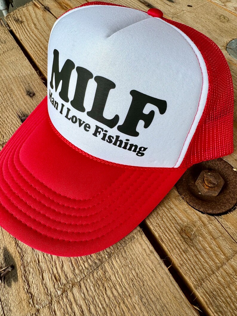 Retro Style MILF Man I Love Fishing Trucker Hat, Funny Cap for Women, Adjustable Snapback and Mesh, White Foam Front image 2