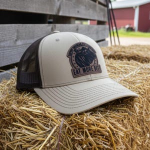 Eat More Beef Trucker Hat, Cow Farmer Snapback with Leatherette Patch, Rancher Gift