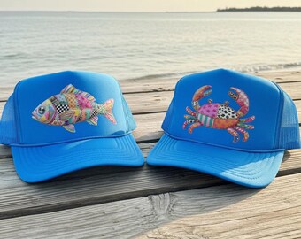 Trucker-Cap mit Fisch- oder Krabbenmotiv – Küstenfischerhut – Neonblauer Strandhut mit optionaler Hutkette