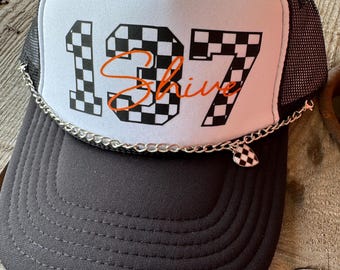 Custom Racing Number Trucker Hat, Personalized Motocross Hat, Checkered Flag Race Mom Hat