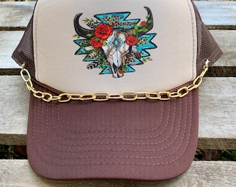 Retro Western Trucker Hat with Gold Chain - Trendy Cowgirl Vibes for Women