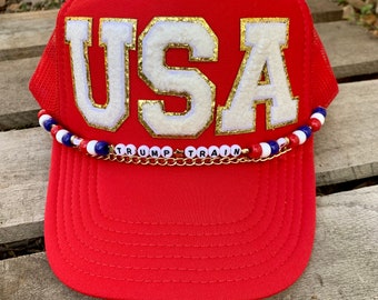 USA Chenille Patch Political Trucker Cap with Beaded Charm and Chain - Republican Girl Vibes