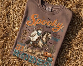 Western-Halloween-Shirt, Gruseliges Rodeo-Geister-T-Shirt, Cowboy-Halloween-Shirt in bequemen Farben, Herbstliches T-Shirt mit Country-Grafik