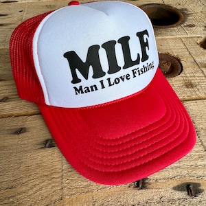 Retro Style MILF Man I Love Fishing Trucker Hat, Funny Cap for Women, Adjustable Snapback and Mesh, White Foam Front image 1
