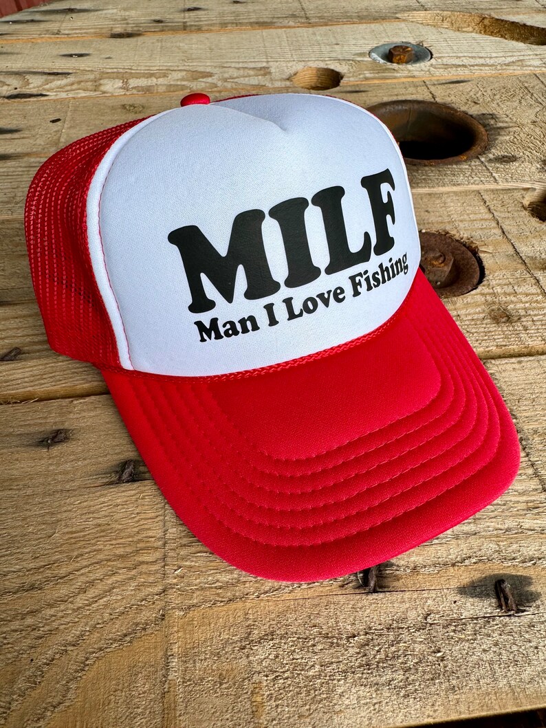 Retro Style MILF Man I Love Fishing Trucker Hat, Funny Cap for Women, Adjustable Snapback and Mesh, White Foam Front image 1