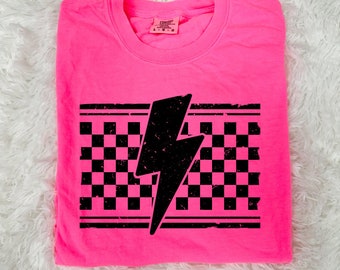 Trendy Checkered Lightning Bolt Tee in Neon Pink - Soft & Stylish