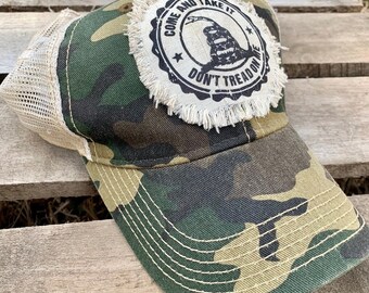 Second Amendment Hat, Distressed Camouflage with Frayed Patch Ball Cap, Headwear for Conservative Women