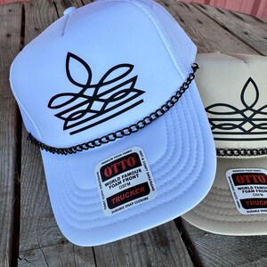 White and tan western cowgirl foam trucker hats with boot stitch design