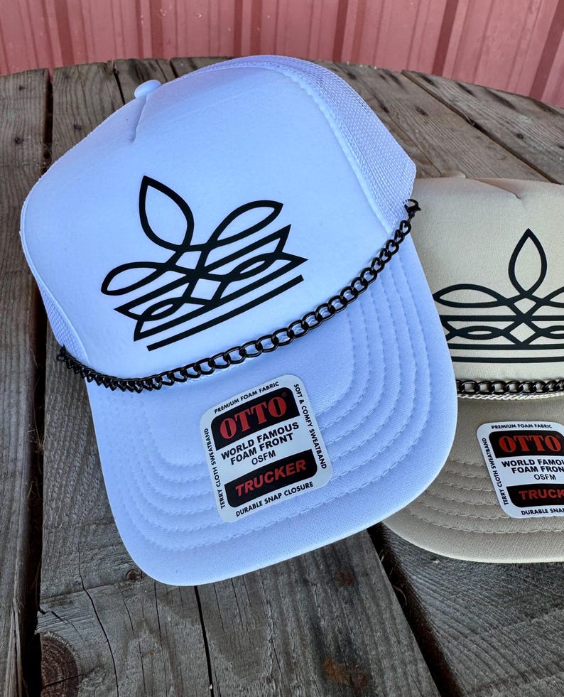 White and tan western cowgirl foam trucker hats with boot stitch design