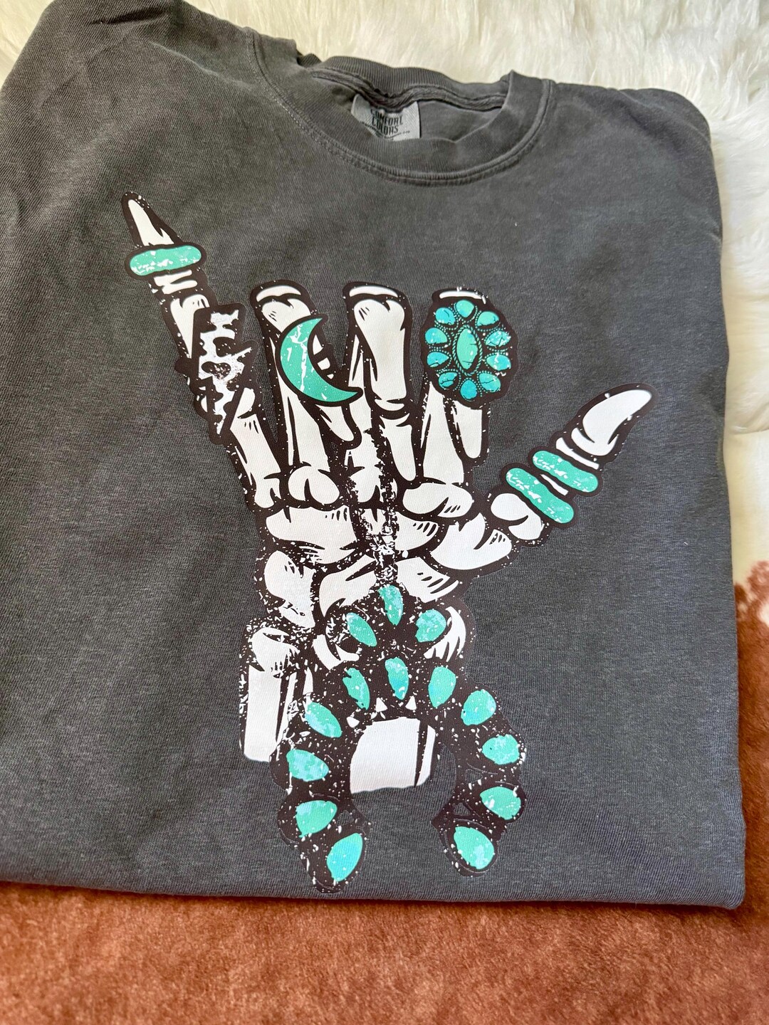 Skeleton Turqoise Turquoise Skeleton Hand Graphic Tee - Trendy Western Fashion for Women ...