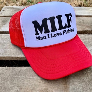 Retro Style MILF Man I Love Fishing Trucker Hat, Funny Cap for Women, Adjustable Snapback and Mesh, White Foam Front image 3