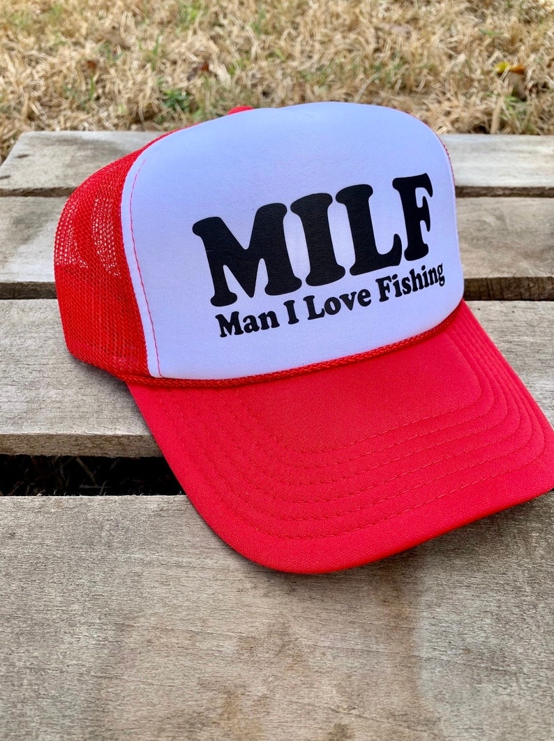 Retro Style MILF Man I Love Fishing Trucker Hat, Funny Cap for Women, Adjustable Snapback and Mesh, White Foam Front image 3