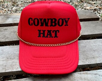 Red Cowboy Trucker Hat with Gold Chain Accent, Country Chic for Cowgirl Vibes