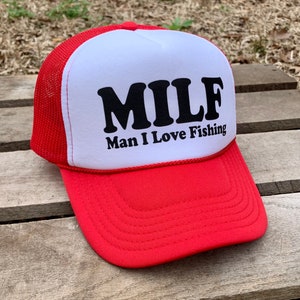 Retro Style MILF Man I Love Fishing Trucker Hat, Funny Cap for Women, Adjustable Snapback and Mesh, White Foam Front image 1