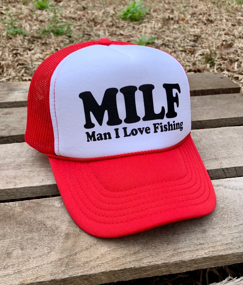 Retro Style MILF Man I Love Fishing Trucker Hat, Funny Cap for Women, Adjustable Snapback and Mesh, White Foam Front image 1