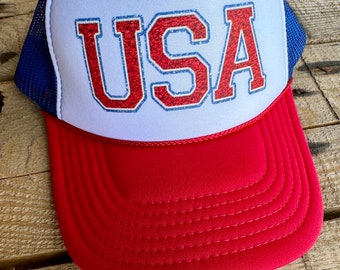 USA Trucker Hat with Faux Chenille Patches - Red, White & Blue, Fourth of July Vibes
