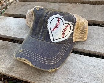Baseball Heart Patch Hat with Mesh Backing - Sporty Distressed Snapback Cap