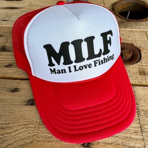 Retro Style MILF Man I Love Fishing Trucker Hat, Funny Cap for Women, Adjustable Snapback and Mesh, White Foam Front image 4