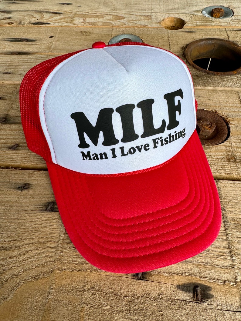Retro Style MILF Man I Love Fishing Trucker Hat, Funny Cap for Women, Adjustable Snapback and Mesh, White Foam Front image 4