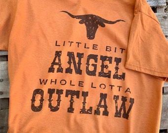 Vintage Western Vibes Graphic Tee for Women - Little Bit Angel, Whole Lotta Outlaw, Comfy Crew Neck - Burnt Orange Tee