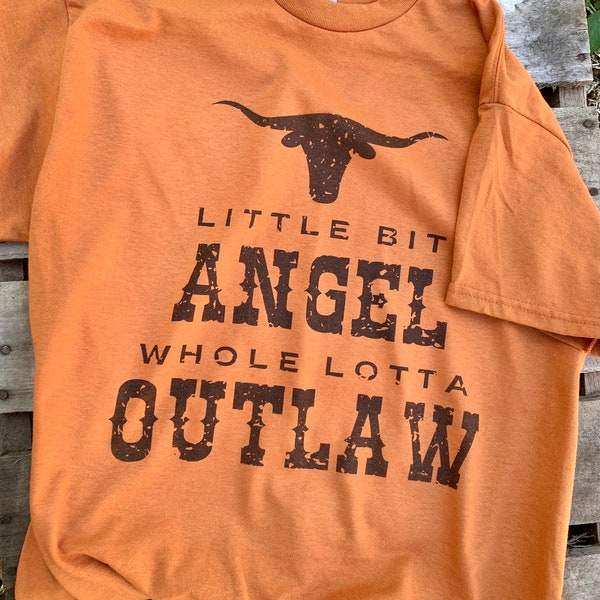 Vintage Western Vibes Graphic Tee for Women - Little Bit Angel, Whole Lotta Outlaw, Comfy Crew Neck - Burnt Orange Tee